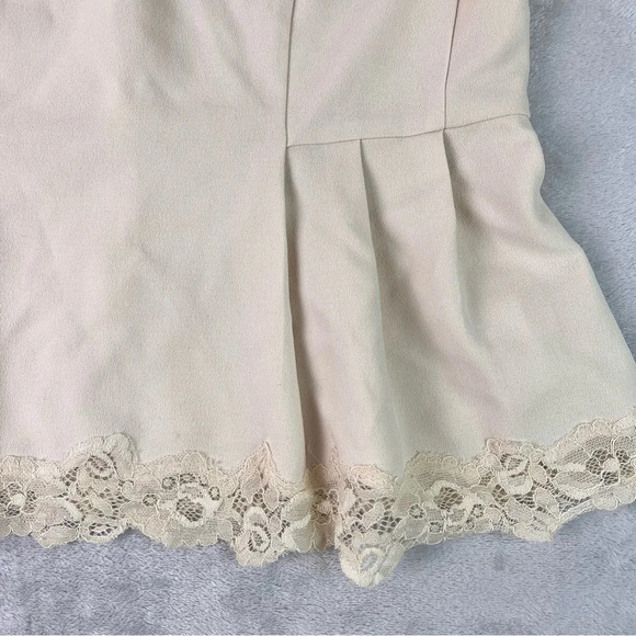 Rebecca Taylor Crepe Lace Inset Top Size 8 Beige Pleated 3/4 Sleeve V Neck - Picture 5 of 13